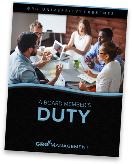 Cover of white paper titled A Board Member's Duty showing a bunch of board members seated at a table discussing an issue