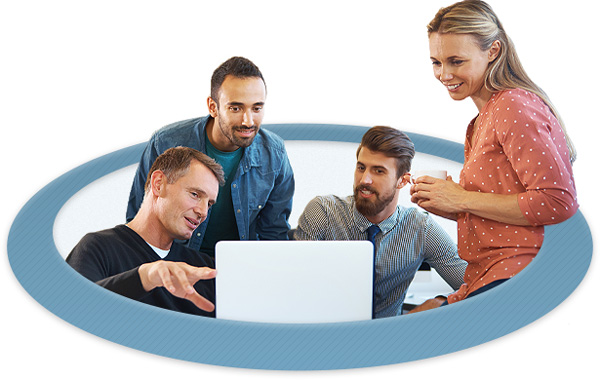 Group of board members with coffee gathered around a laptop discussing issues