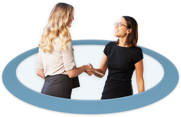 Tall blonde woman community association manager shaking hands with shorter brunette woman who is a new client