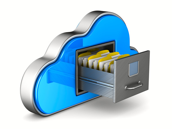 Realistic illustration of blue cloud-shaped object with chrome border that has an open filing cabinet drawer coming out from its middle