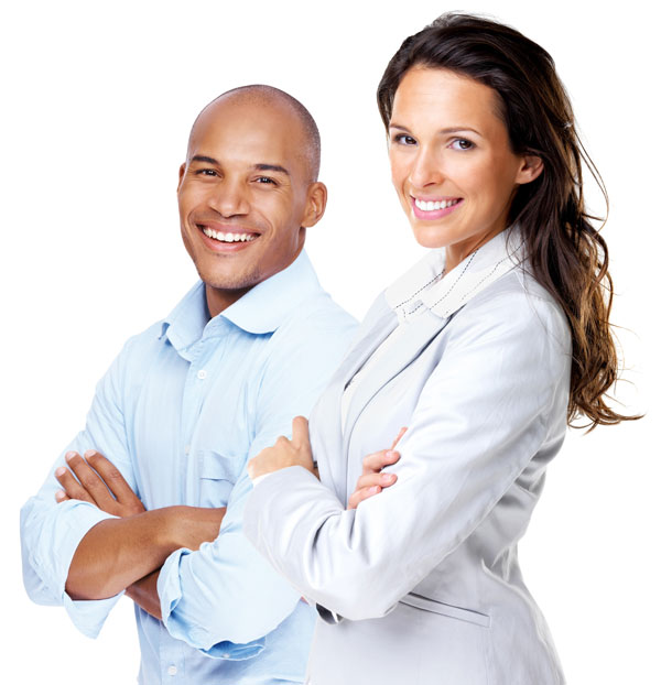 Smiling female board member with long hair and arms crossed in foreground, smiling male board member balding with arms crossed in background