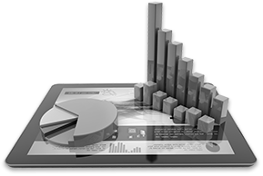 Illustration of tablet computer with 3D pie and bar charts sitting on top of it