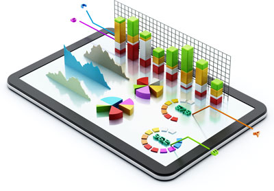 Tablet with 3D bar charts of financial data coming out of it