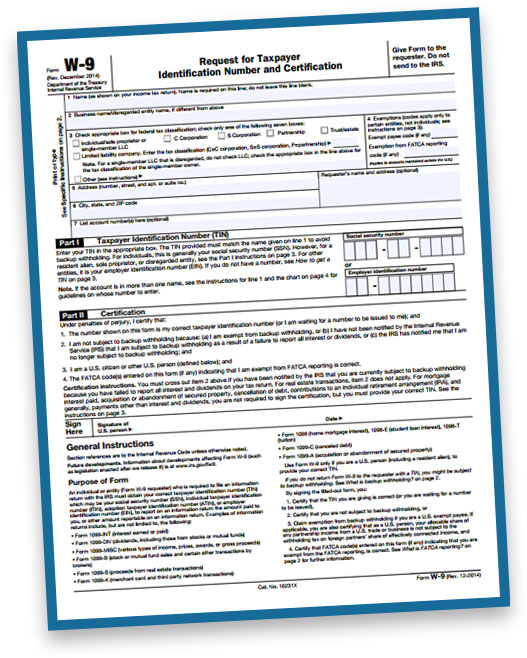 Image of a W-9 Form at an angle with blue border and a drop shadow